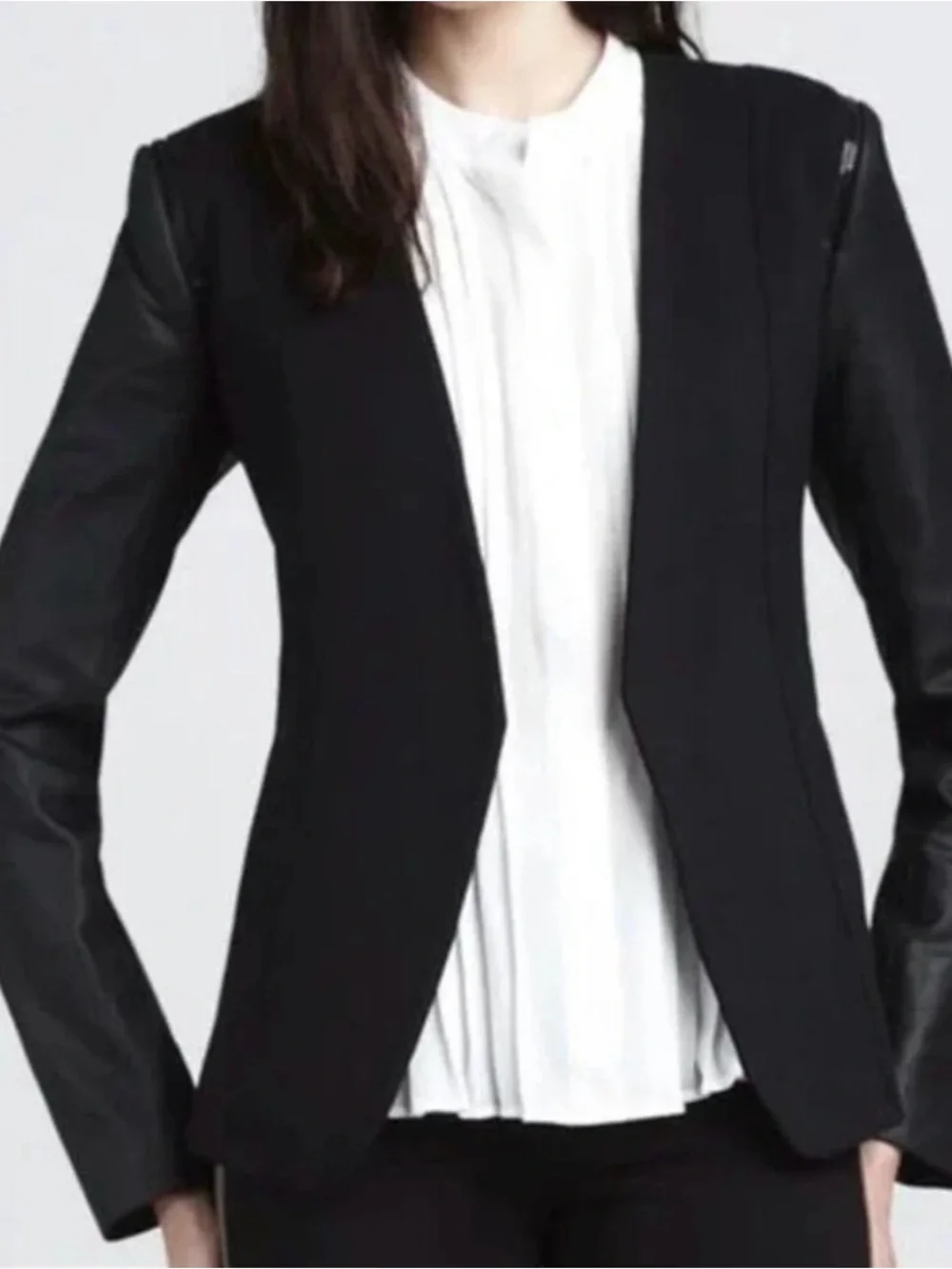 Theory Yaisa Black Open-Front Blazer Jacket with Leather Sleeves